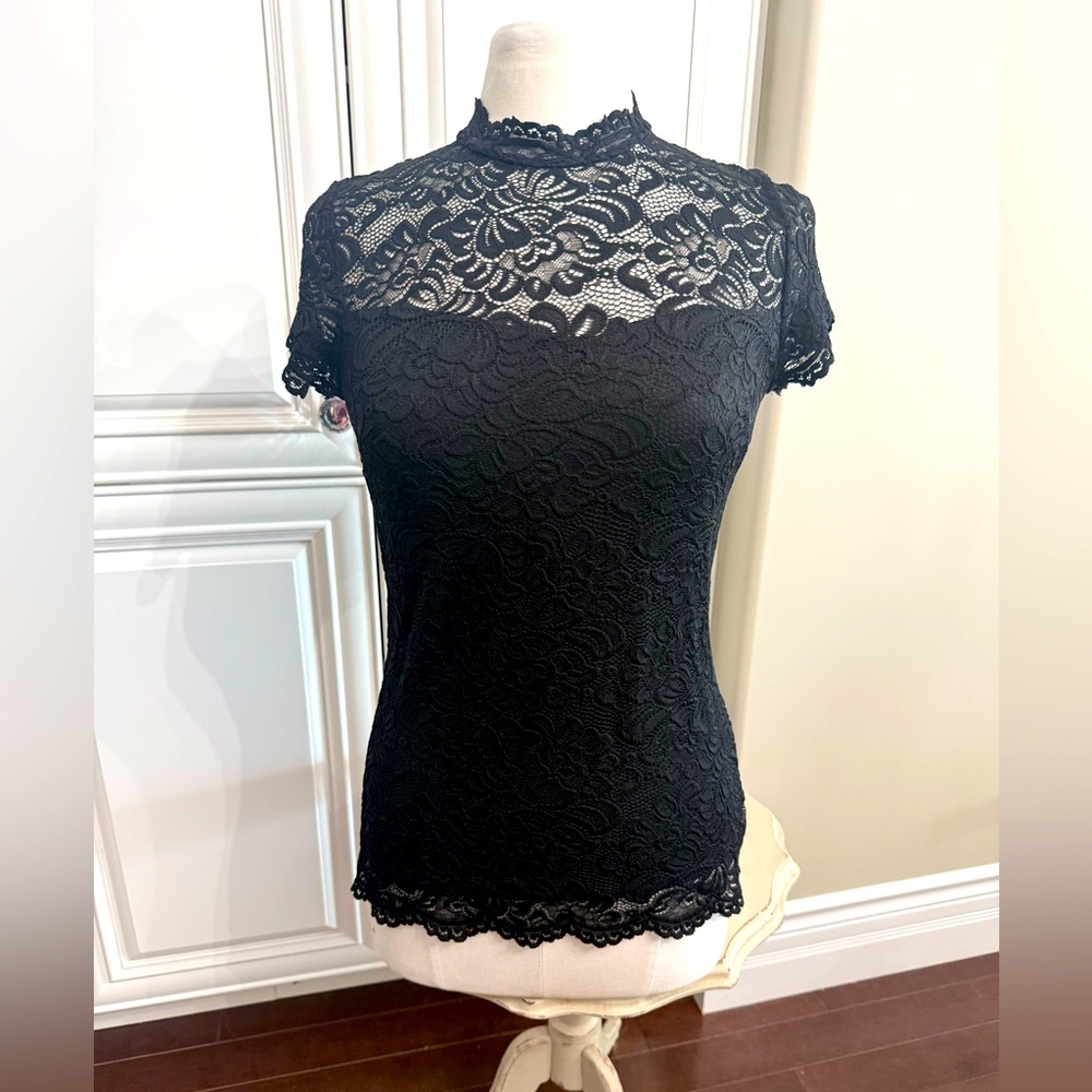 Le chateau Medium Black Short Sleeve Crew Neck Embroidered/Lace Sheer Overlay